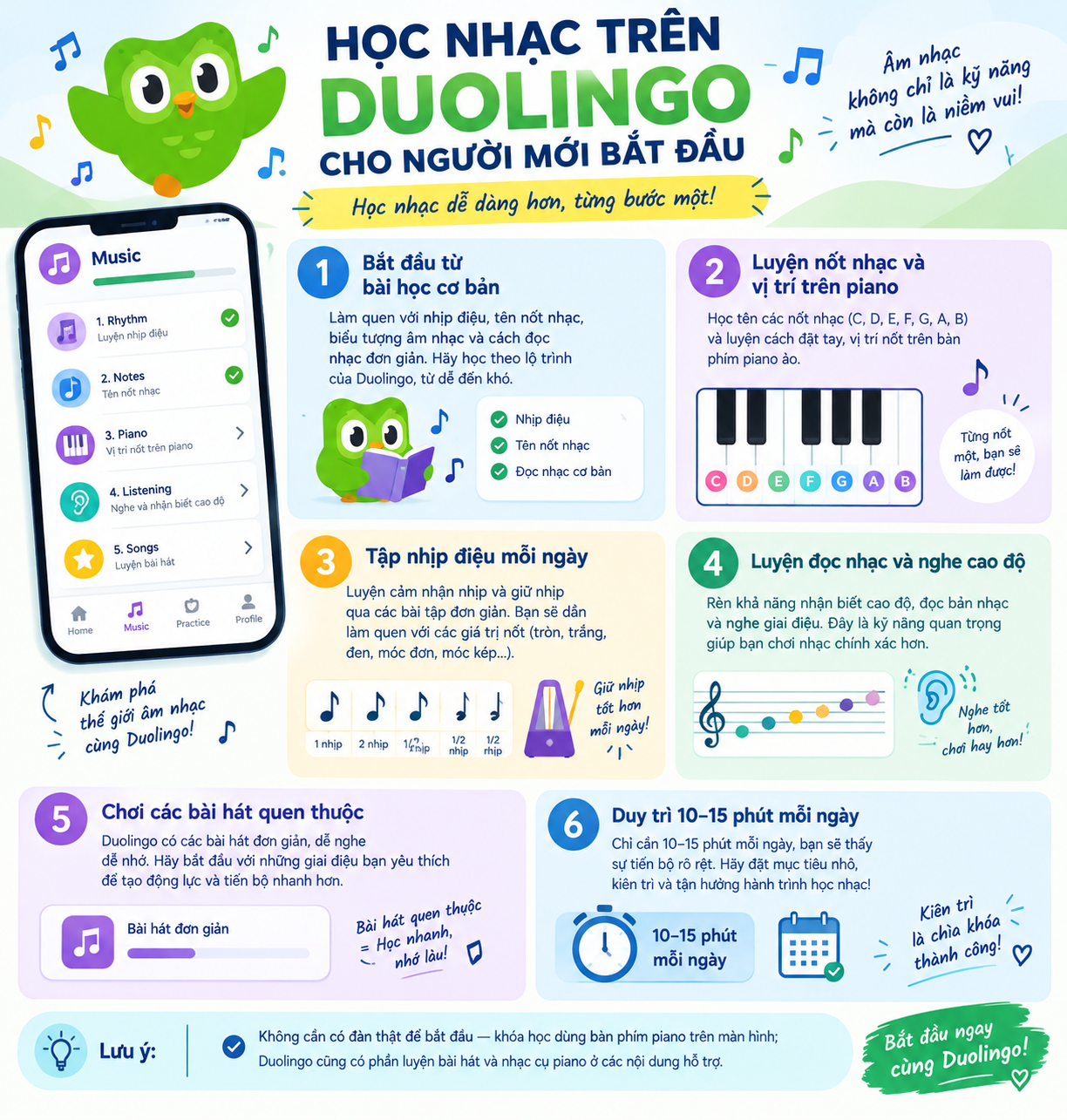 Discover effective ways to learn music on Duolingo for beginners.