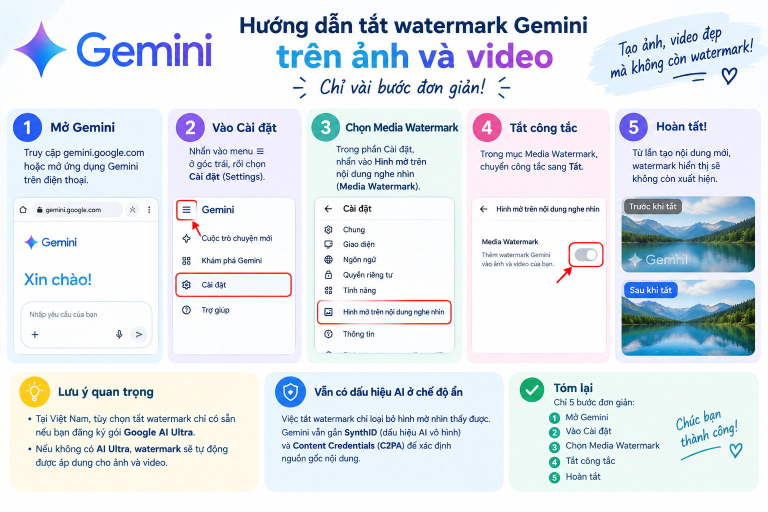 Instructions on how to easily turn off the Gemini watermark on photos and videos.