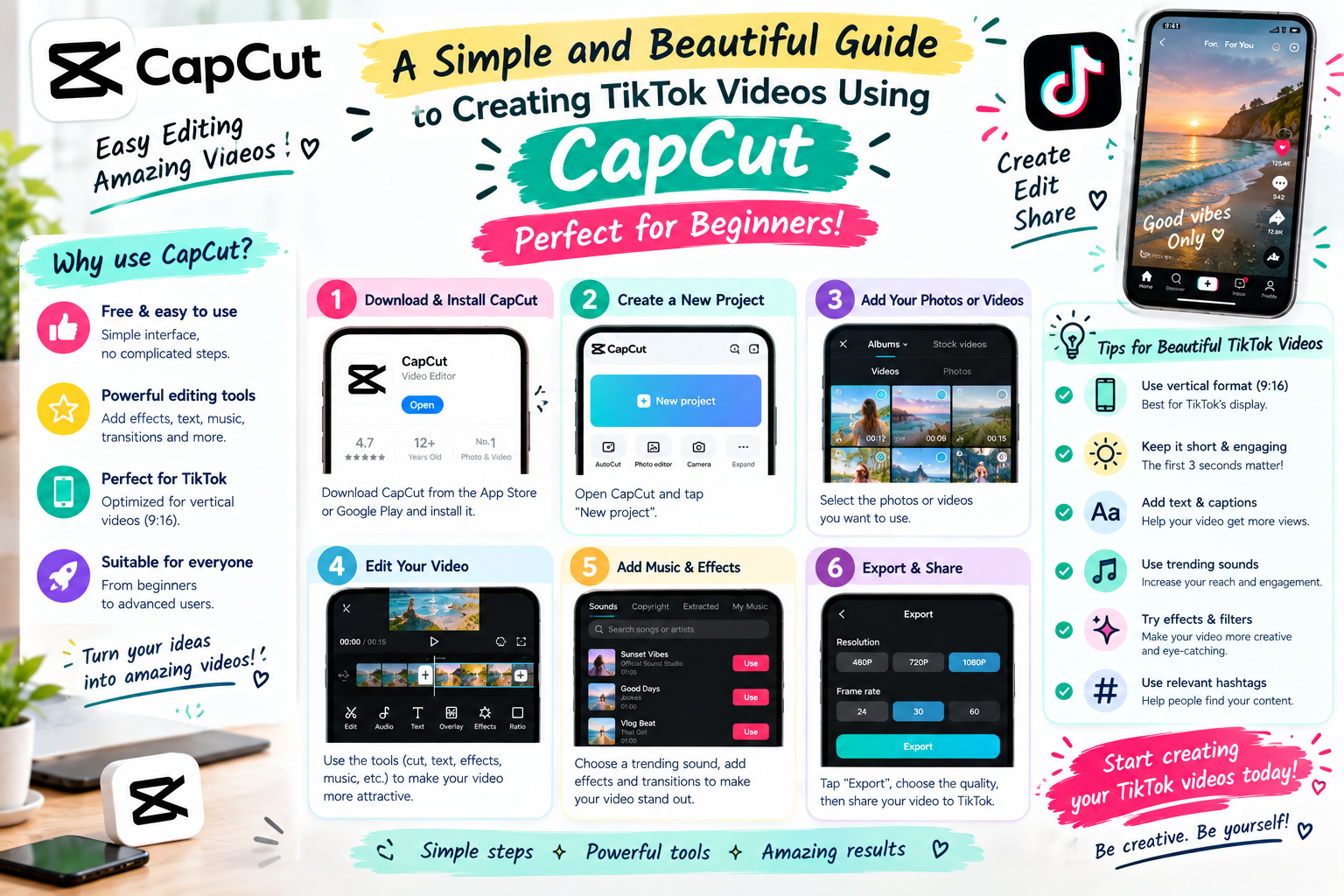 A simple and beautiful guide to creating TikTok videos using CapCut, perfect for beginners.