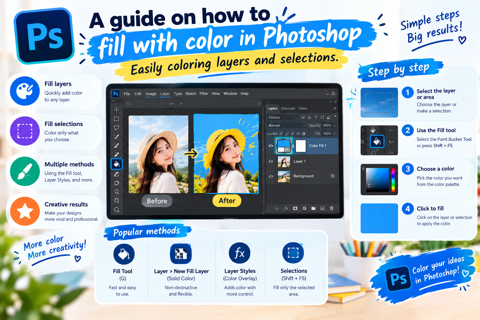 A guide on how to fill with color in Photoshop, easily coloring layers and selections.