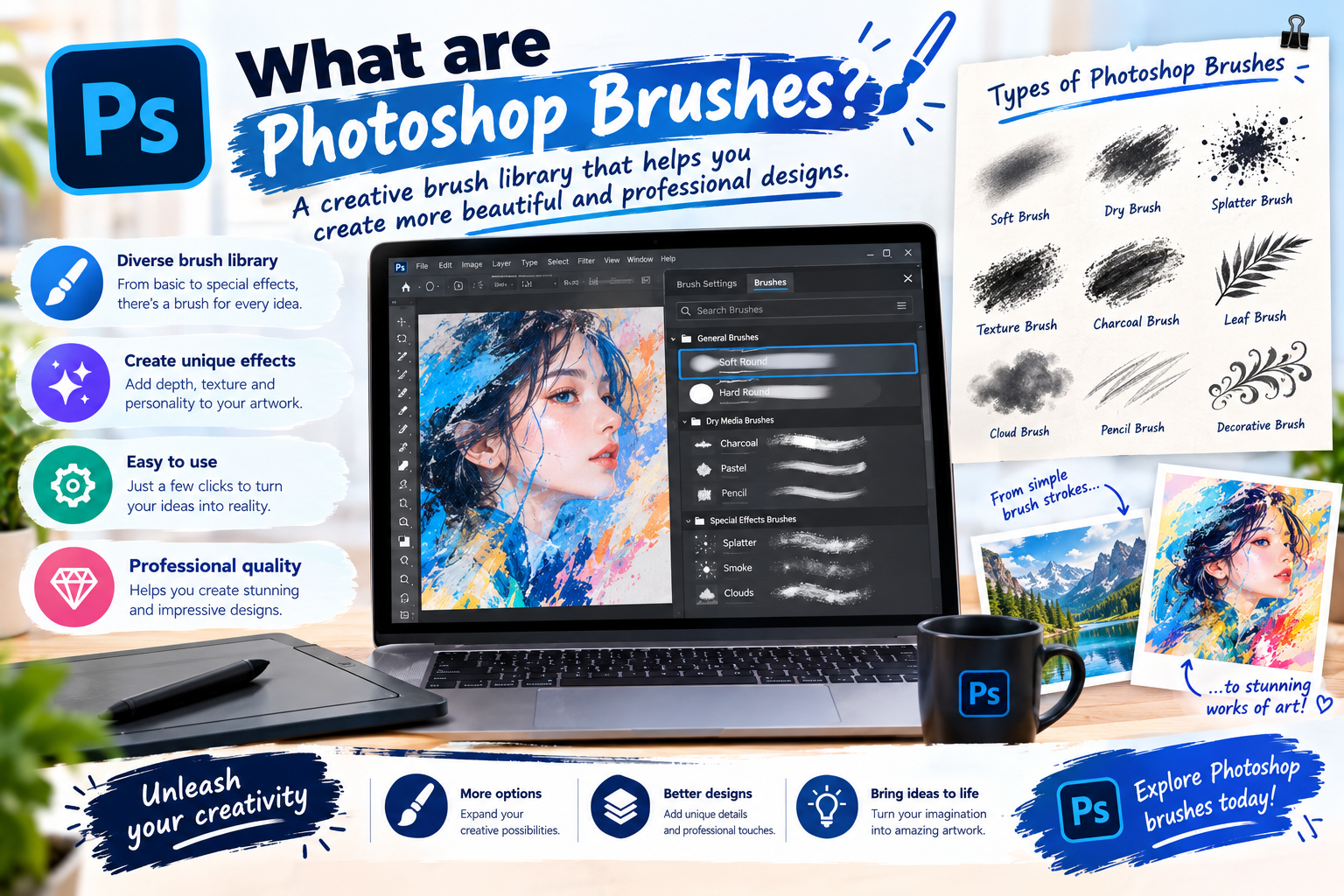 What are Photoshop brushes? A creative brush library that helps you create more beautiful and professional designs.